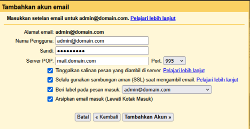 tambah akun email untuk pop3 gmail setting